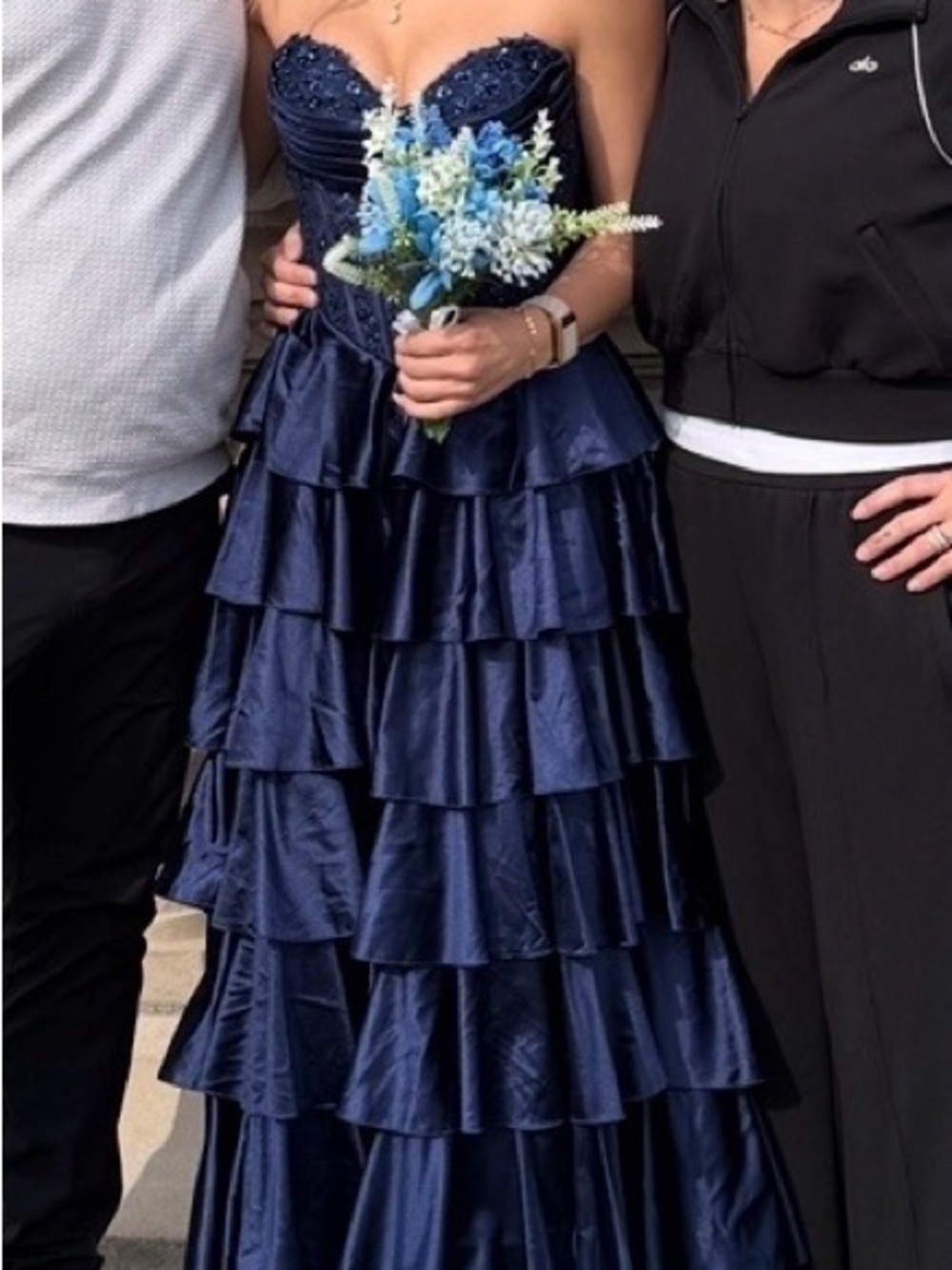 Sherri Hill Strapless  Navy Tiered Ruffle Evening Dress